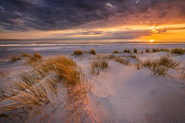Sunset on the beach of Westerschouwen on Schouwen-Duivenland in Zeeland with dunes in the foreground by Bas Meelker