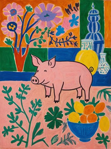 Pig With Flowers Style Henri Matisse