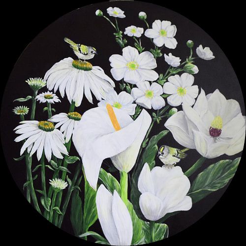 White flowers with goldenrod