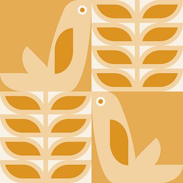Scandinavian retro. Birds and leaves in natural yellow and white by Dina Dankers