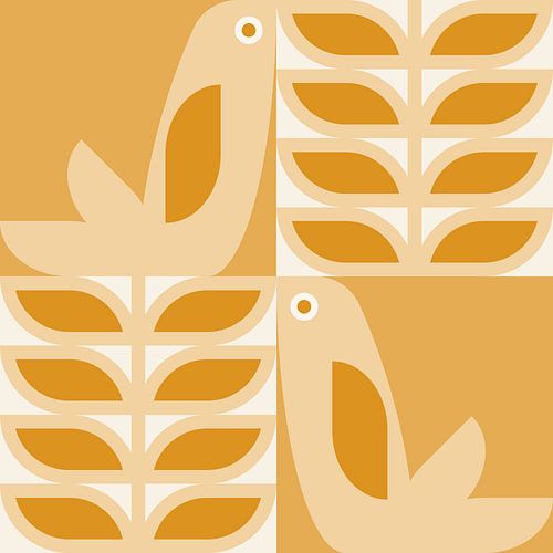 Rétro scandinave. Oiseaux et feuilles en jaune naturel et blanc