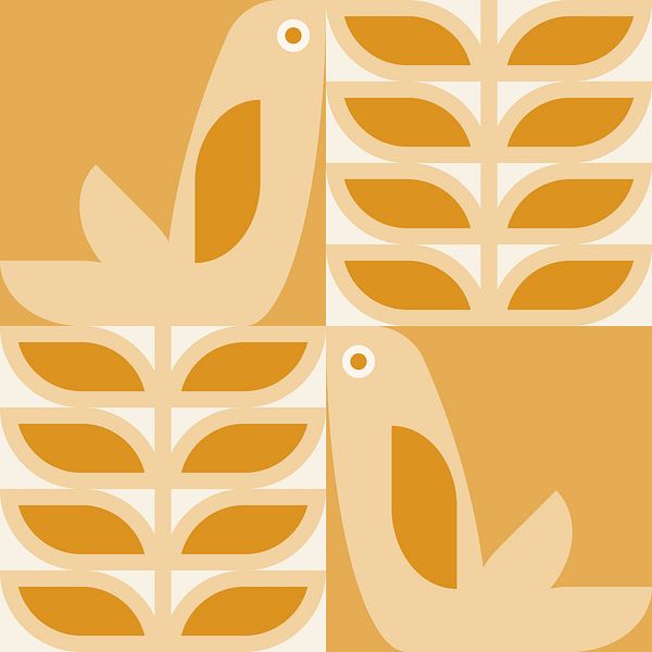 Scandinavisch retro. Vogels en bladeren in natuurlijk geel en wit van Dina Dankers