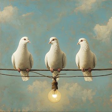 Drie witte duiven op een draad met een gloeiende lamp en blauwe lucht van Vlindertuin-Art