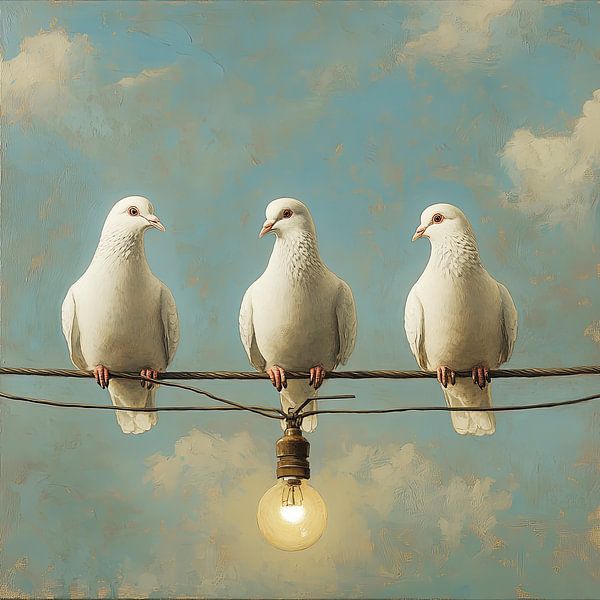 Drie witte duiven op een draad met een gloeiende lamp en blauwe lucht van Vlindertuin-Art