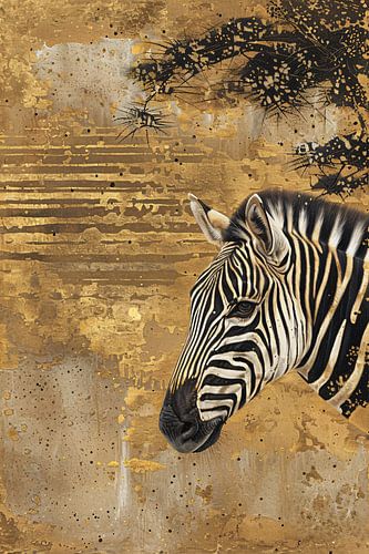 Abstract schilderij van zebra met gouden tinten