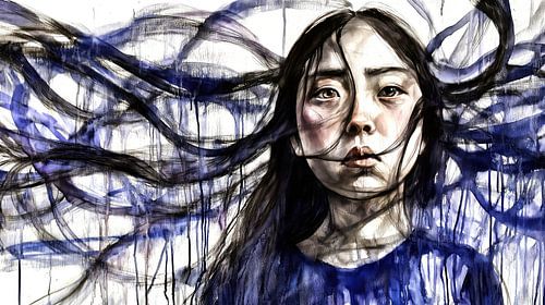 Depressieve vrouw met lang haar