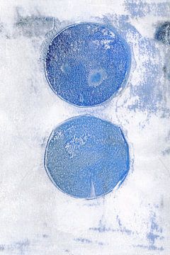 Blue Moons. Abstract geometric painting  in white, blue, pastel gray, rust by Dina Dankers