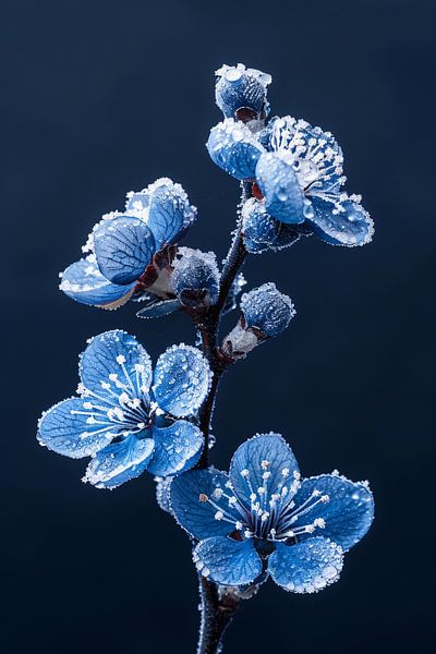 Blue flowers with ice crystals in close-up by Art & Soul Creations