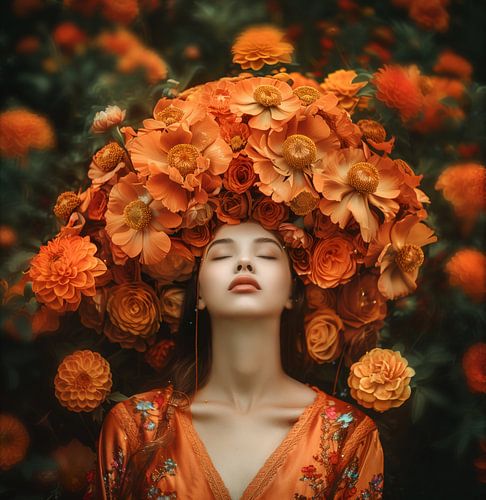 Calm in Flowers: Dreamy and Serene Portrait of Asian woman