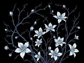 Ethereal Midnight Bloom: A Glimmer of White Flowers on Dark Branches by Artistic