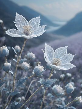 Flore glacée sur fond de paysage montagneux
