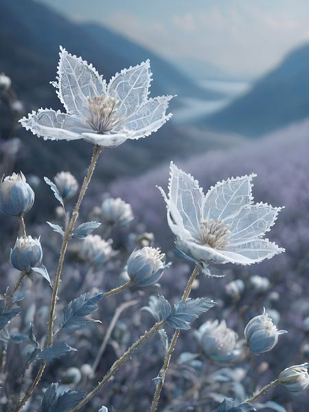 Icy flora against mountain landscape by Bart Veeken