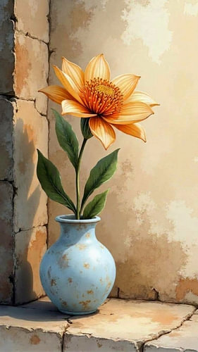 Gelbe Blume in einer blauen Keramikvase