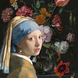 La fille à la boucle d'oreille en perle et à la mer de fleurs sur Eigenwijze Fotografie