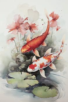 Aquarelle de carpes koï avec nénuphars