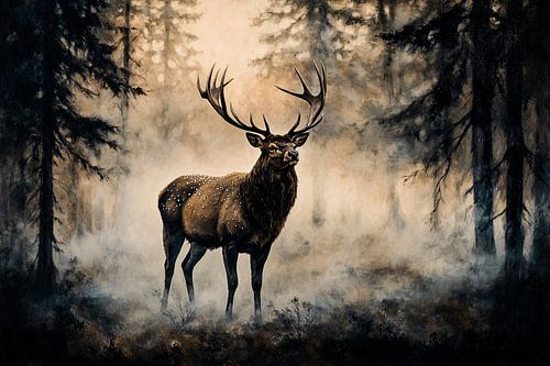 Statig hert in mistig bos