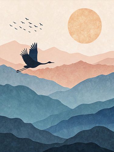 Japanischer Minimalistischer Kranich bei Sonnenuntergang - Friedliche Berglandschaft Wandkunst