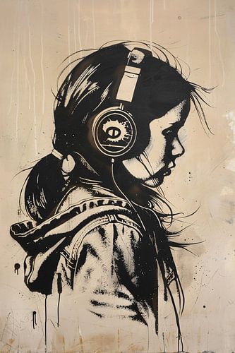 Zwart-wit portret van een meisje met koptelefoon