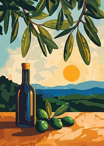 Mediterrane Szene mit Oliven und Sonnenuntergang