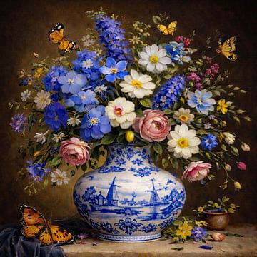 Delfter Blau Stillleben mit Blumen und Schmetterlingen von Moonheart Artworks
