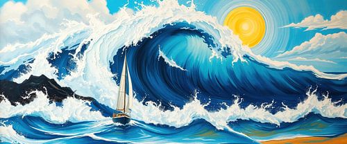 Stormachtige zeegolven - zeilboot ontsnapt uit de diepte op een zomerse dag onder de felle zon