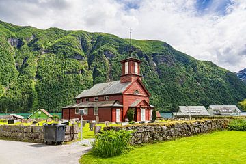 Church and houses in Fjærland in Norway by Rico Ködder
