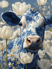 Kuhportrait in Delfter Blau, modernes Kunstwerk von Wilma Mesman