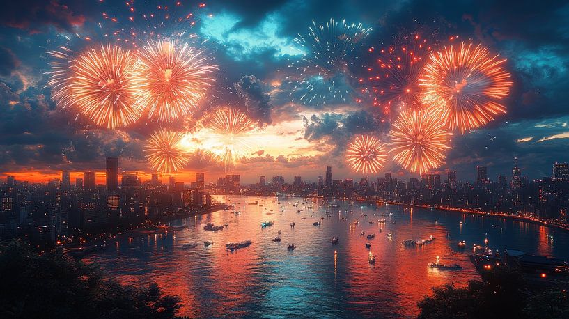 Feuerwerk über dem Stadtbild von Lufy