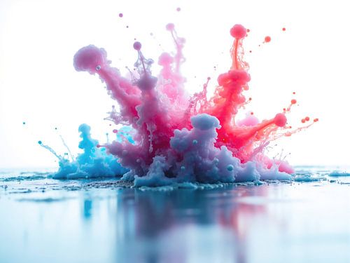 Kleurrijke inkt explodeert en creëert abstracte vormen op witte achtergrond