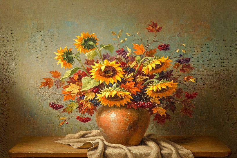 Vintage stilleven met zonnebloemen op terracotta pot van Studio Pieternel