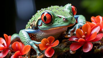 Red-eyed tree frog on a red flower by Animaflora PicsStock