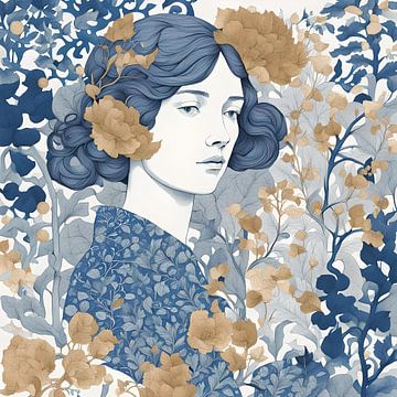 Jonge vrouw met blauw haar in abstracte bloemen tuin 1 van Anouk Maria van Deursen