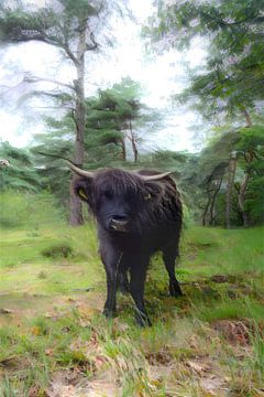 Portret van een Schotse Hooglander in Drents bos in schilderijstijl van A Verpoorte