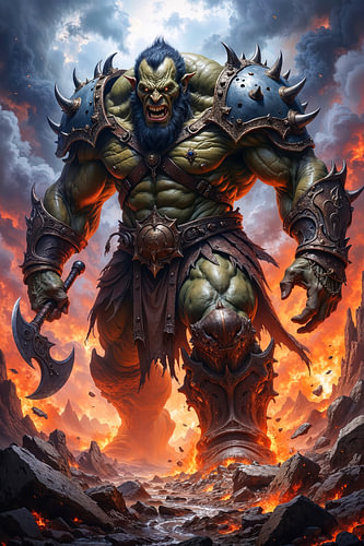 Dark Fantasy Décoration Murale: GRAZTHULK - Un gigantesque guerrier orque après une bataille sur INFERAURUM - Dark Fantasy Wall Art