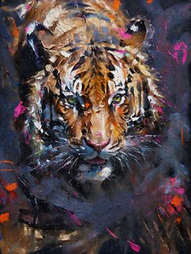 Portrait peint d'un tigre sur Arjen Roos