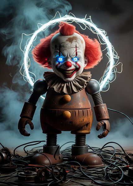 A distressed, rusted clown robot stands amidst a scattered mess of wires by Giandra Safaraz