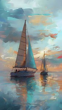 Impressionistische zeilboten bij zonsondergang met reflecterend water van Ljupka Kareska