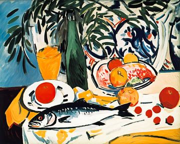 Modern still life with fish and fruit by Vlindertuin Art