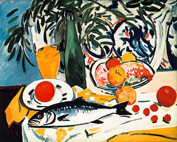 Modern stilleven met vis en fruit