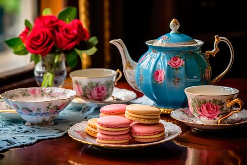 Thee, Macarons en Rode Rozen - Romantisch Servies Stilleven