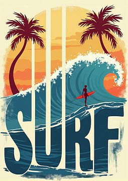 Kleurrijke surfposter op het strand met golven en palmbomen, met een vintage vibe in retrostijl van CB3D - Christoph Burgstedt