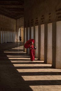 Jeune moine dans le couloir d'un temple à Bagan