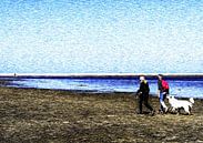 Walkers with dogs walk on the Zandmotor beach in Kijkduin, Netherlands by John Duurkoop thumbnail