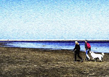 Walkers with dogs walk on the Zandmotor beach in Kijkduin, Netherlands by John Duurkoop
