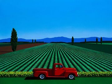 Hiroshi Nagai - Landschap, rode auto, A van Vivanne