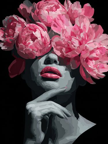Frau mit rosa Pfingstrosen – Modernes Schwarz-Weiß-Kunstwerk mit Blumen