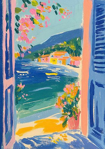 Vue sur la Méditerranée à travers une fenêtre bleue