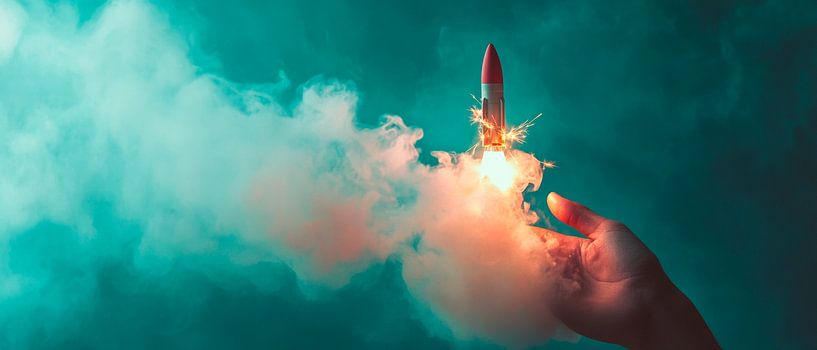 Rocket launch out of hand by Poster Art Shop