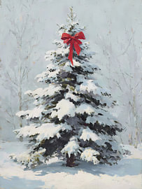 Snowy Christmas tree with red bow