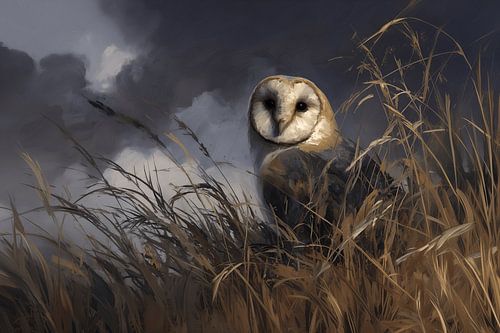 Barn owl in the golden evening grass